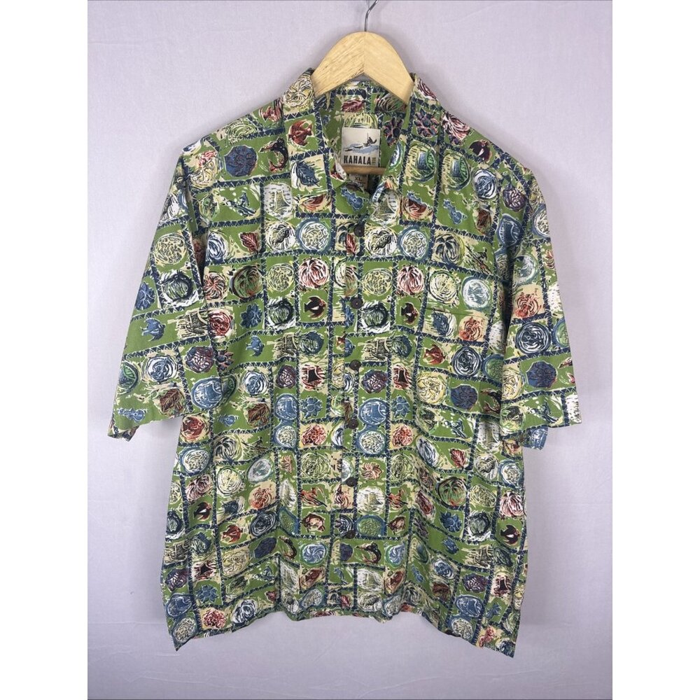 Kahala 1936 Hawaiian Shirt Mens XL Green Fish Print Aloha Made Hawaii‎